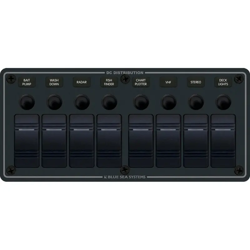 Blue Sea Waterproof 8-Position Black Horizontal Mount Panel – Model 8371 1