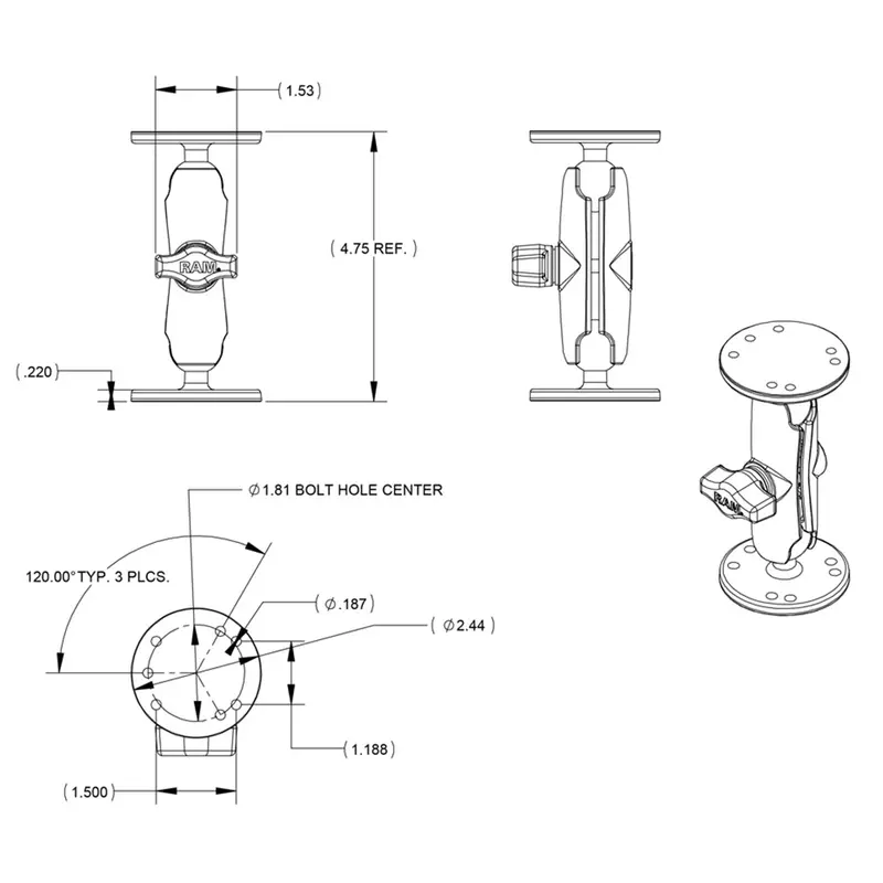 Ram 1" Ball Double Socket Arm With Two 2.5" Round Bases (Amps Hole Pattern) [Ram-B-101U] 2