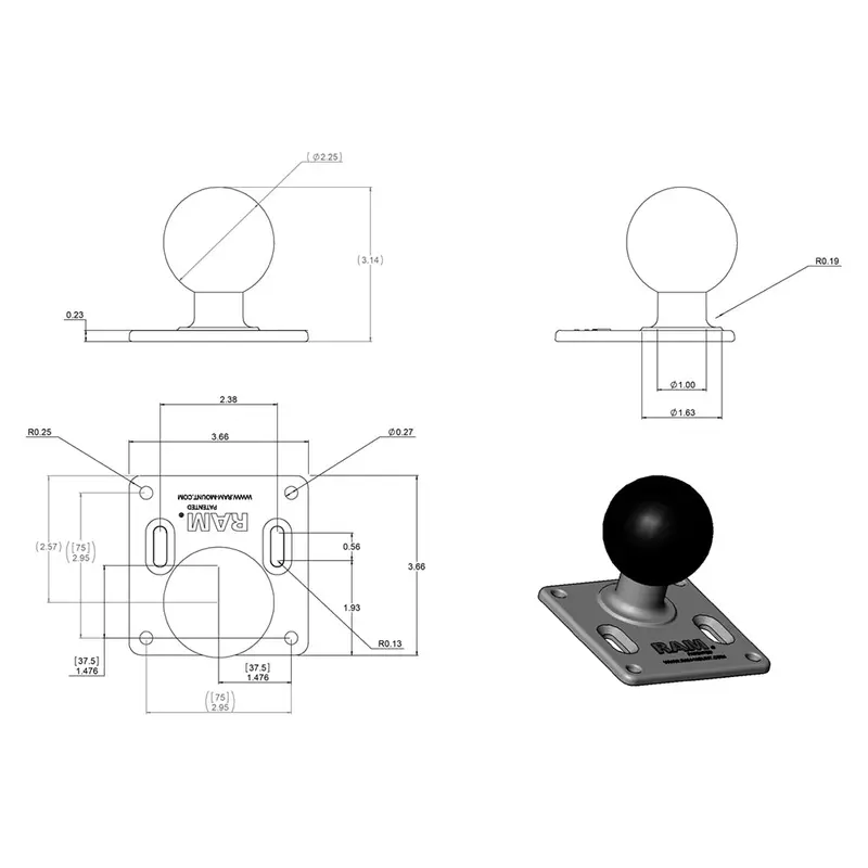 Ram 75X75Mm Vesa Plate With 3.625" Base And 2.25" D-Size Ball (Ram-D-2461U) 2