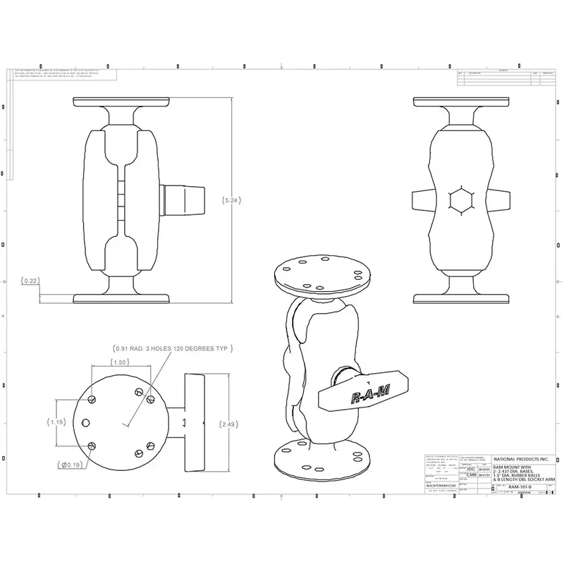Ram Ball Mount With Short Double Socket Arm And Amps-Compatible Round Bases 2