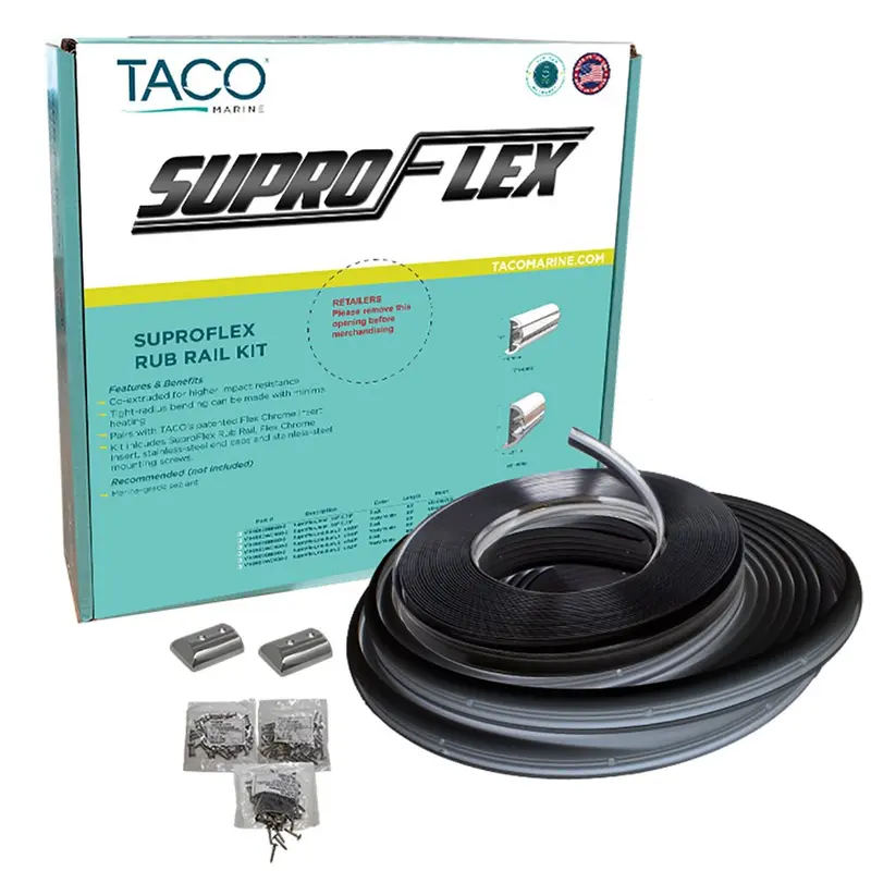 Taco Suproflex Rub Rail Kit — Black With Flexible Chrome Insert, 1.6"H × 0.78"W × 60' Length (V11-9960Bbk60-2) 1