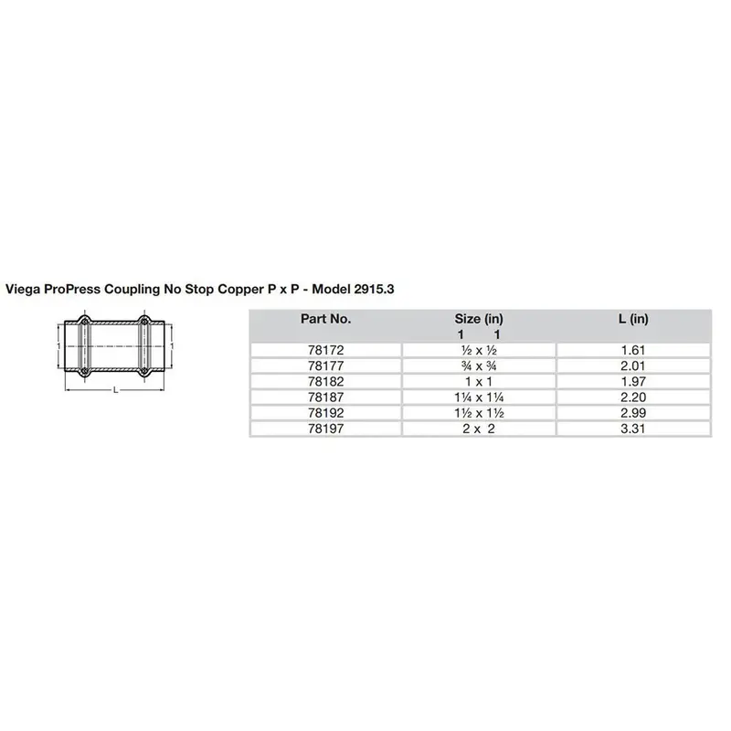 Viega Propress 1/2" Standard Copper Coupling Without Stop – Double-Press Fitting, Smartconnect Enabled [78172] 2